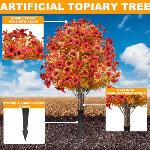 Artificial Fall Mums Topiary Tree Set - 25 Inch Outdoor Faux Greenery with Spike - UV Resistant Garden Decor - Variation of This Listing