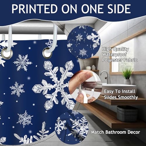 Blue Christmas Snowflake Shower Curtain Winter Snowflake Decorations Shower Curtain for Bath Snow Christmas Holidays Bathroom Decor Waterproof Fabric Shower Curtain with 12 Hooks (BLUE, 72''x 72'')