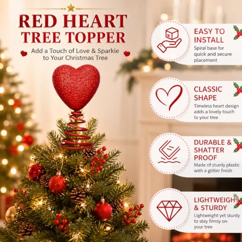 Red Heart Christmas Tree Topper, Glitter Mini Holiday Decoration
