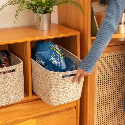 OIAHOMY 4 Pack Brown Cotton Rope Storage Baskets - 12.7x9x7.8 Inch Cube Organizers