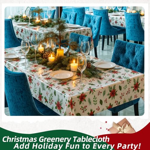 Tedercle Christmas Greenery Tablecloth – 54x108 Inch, 3 Pack, Disposable Holiday Plastic Cover with Holly & Pine Design