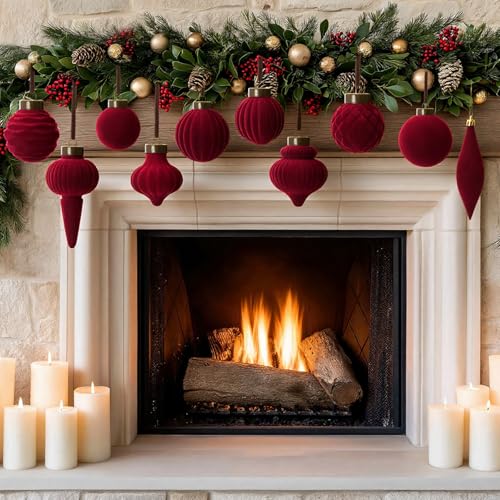 Menkxi 36 Pcs Burgundy Velvet Christmas Ball Ornaments Flocked Finial