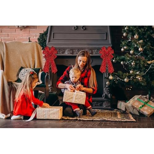 Large Christmas Bows for Wreath, Glitter Red Velvet Wreath Bow Xmas Holiday Tree Topper Bows Ornaments for Front Door New Year Christmas Party Decoration Supplies