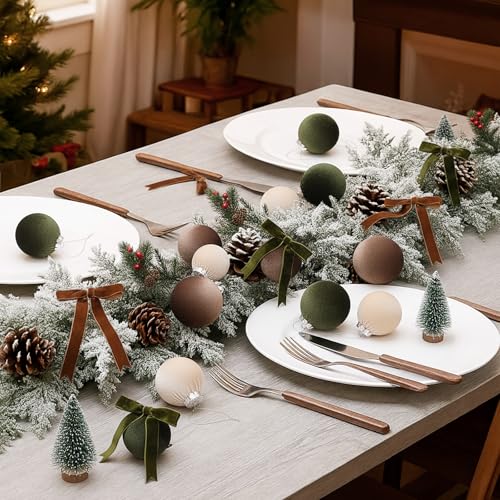 Riceshoot 44 Pcs Velvet Christmas Ornaments Set with 20 Balls & 24 Bows - Multicolor (Green, Brown, Neutral)