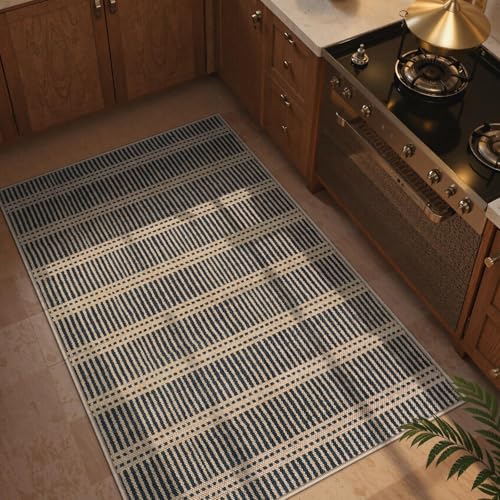 Outdoor Indoor Rug 3x5 Black Stripe Washable Non Slip Geometric Door Mat for Entryway Patio