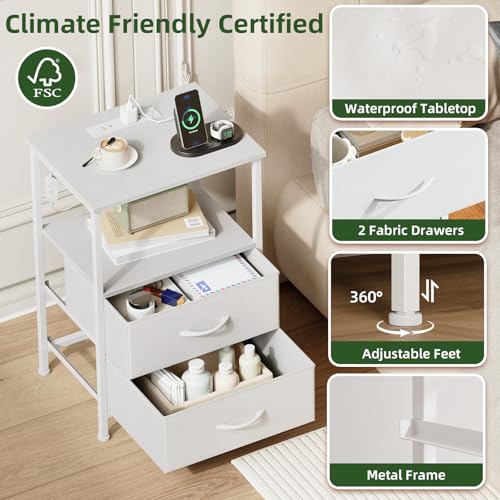 Somdot White Nightstand with 2 Drawers, Charging Station & LED Light - 11.8"D x 15.7"W x 23.6"H