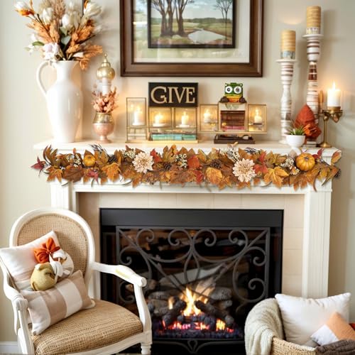 6Ft Autumn Leaf Garland with Pumpkins Berries Pinecones Fall Decor for Home & Porch