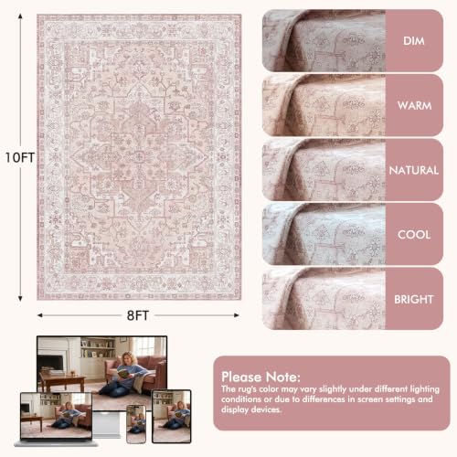 Fixwal 8x10 Pink Washable Area Rug Non-Slip for Bedroom & Living Room
