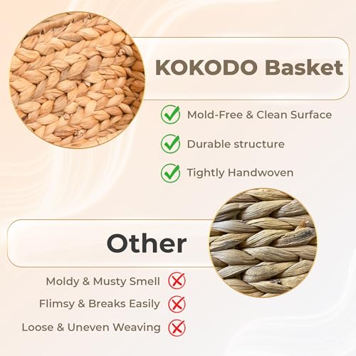KOKODO Natural Water Hyacinth Wicker Storage Basket Set of 2 - Medium, 12.5"L x 7.5"W with Handles & Chalkboard Labels for Pantry & Home Organization