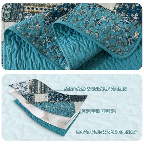 Bedifany Dreamland Blue King Quilt Set - 100% Cotton Cover + Filling, Lightweight All-Season 3-Piece
