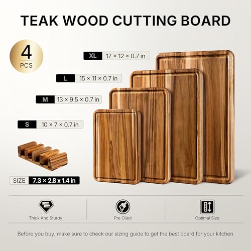 Set of 4 Teak Cutting Boards for Kitchen - Non-Toxic, Durable Wooden Chopping Boards