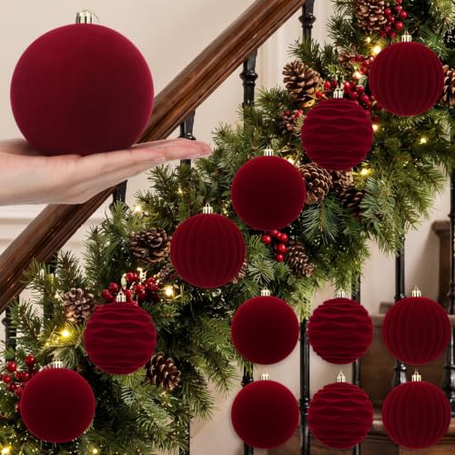 Hollowfly Burgundy Red Velvet Christmas Balls Set 6 Large 4 Inch Ornaments
