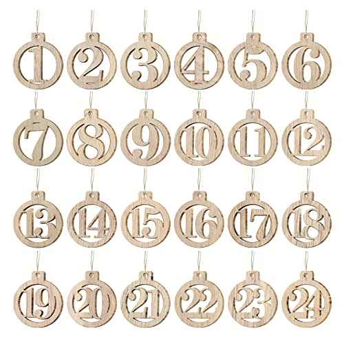 GWHOLE 1-24 Wooden Number with String for Christmas Advent Calendar Countdown Unfinished Number Wood Pieces Wooden Pendants for DIY Craft Gift Tags Christmas Decorations
