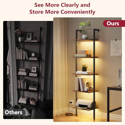 Wall Mounted Ladder Bookshelf with Light - Rustic Brown, 5 Tiers