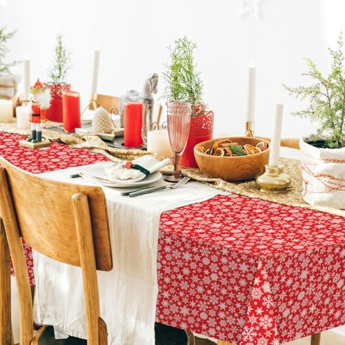 CXPSINC 4 Pack Disposable Christmas Snowflake Tablecloths 54 x 108 Inches - Red Holiday Party Cover