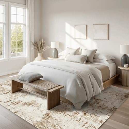 FMFUNCTEX 8x10 Brown Beige Modern Abstract Area Rug - Washable Living Room Decor