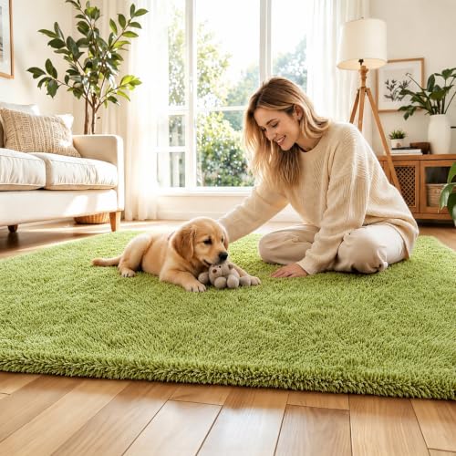 8x10 Green Shaggy Plush Area Rug - Large Furry Carpet for Living Room