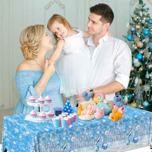Winter Wonderland Tablecloth Blue Snowflake Winter Party Decorations Winter Wonderland Christmas Lights Snow Disposable Plastic Table Cover for Winter Wonderland Baby Shower Birthday Party Supplies