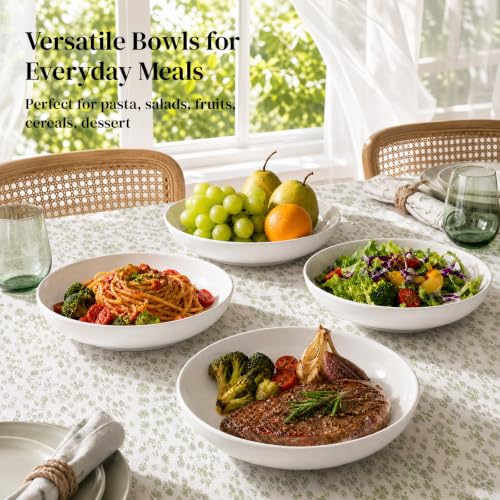 White Pasta Bowls Set of 6 - 30 oz High-Fired Porcelain Salad & Soup Bowls