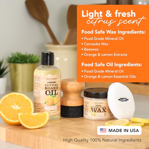 Clark’s Cutting Board Oil & Wax Kit with Natural Lemon & Orange Extracts - Food-Grade Mineral Oil (12oz), Wax (6oz), Applicator & Buffing Pad - Protect & Condition Wood Surfaces
