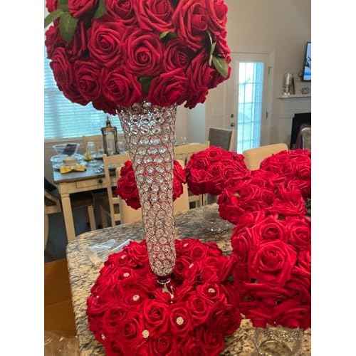 Artificial Flowers 25pcs Dark Red Roses Real Looking Foam Rose Fake Flowers with Stem/Leaves for DIY Wedding Bouquets Centerpieces Floral Arrangments Home Party Christmas Tree Decorations