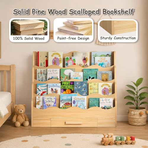 4-Tier Montessori Kids Bookshelf with Scalloped Edges and Drawer