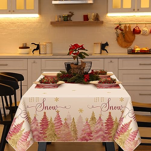 Peryiter Christmas Tree Tablecloth 60x84 Inch, Washable Polyester, Rustic Pink Christmas Pattern