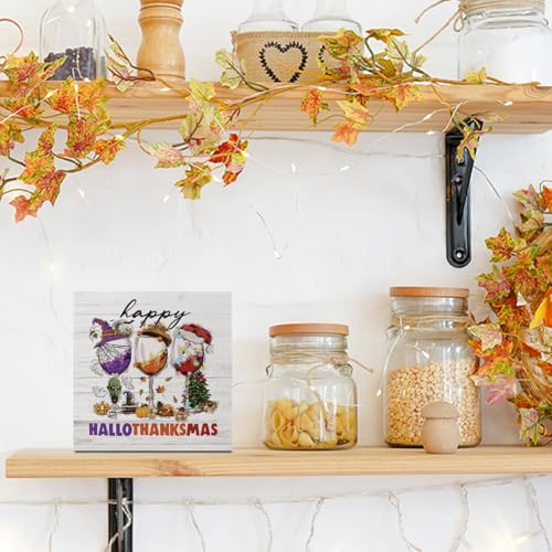 Happy Hallothanksmas Wood Decor Fall Halloween Thanksgiving Christmas Wine Decorations Gifts for Women Men Harvest Autumn Wood Decorations Sign for Home Farmhouse Office Desk Shelf 5 x 5 Inches