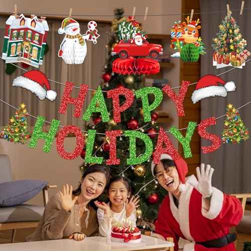 Happy Holidays Decorations - Christmas Party Decorations with Banner for Friendsmas Party