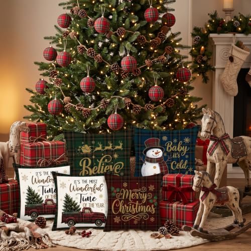 FuWeave 6 Pcs Christmas Pillow Covers 18x18 in Rustic Tartan Plaid Set with 6 Vintage Designs - includes Tree, Snowman, Truck