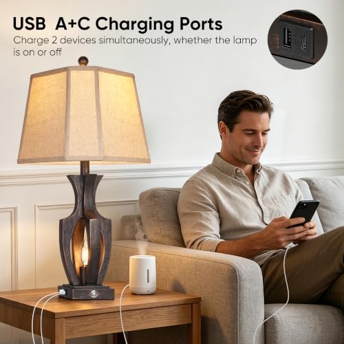 Farmhouse Table Lamps Set of 2 - 26 Inch Dimmable Nightstand Lamps with USB Ports - Bronze