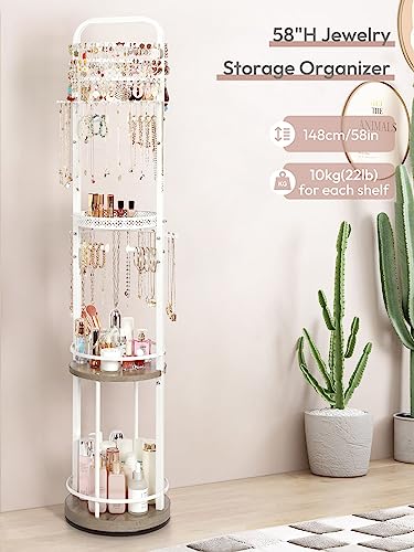 White Large Rotating Jewelry Tree & Organizer Stand with Earrings & Necklace Storage