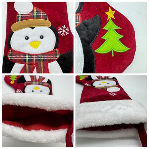 BOffer Red Penguin 20in Velvet Animal Christmas Stocking with 3D Deer, Bear, Snowman – Lined Xmas Stocking for Kids