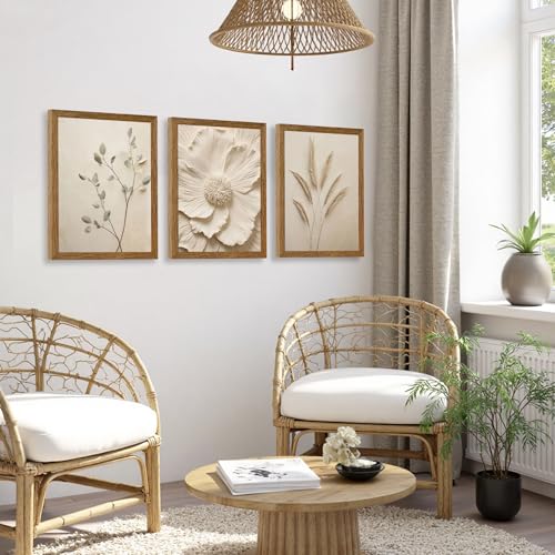 JLTULT Beige Floral Wall Art Set of 3 - 12x16 Inch Botanical Canvas Prints with Solid Wood Frames