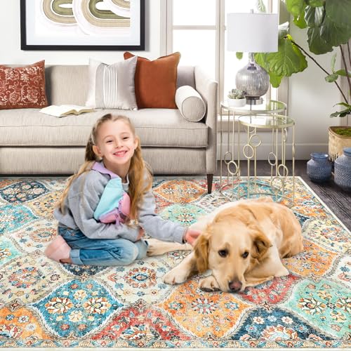 8x10 Cream Moroccan Trellis Washable Area Rug - Vintage Pattern, Non-Slip, Pet Friendly