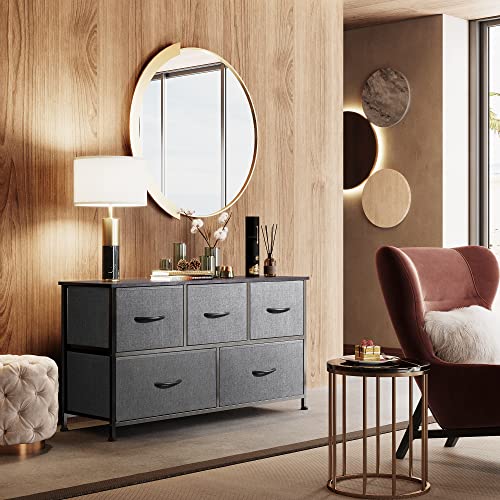 Dark Grey Wide Dresser with 5 Drawers - Bedroom Storage Chest, 39.37" Wide