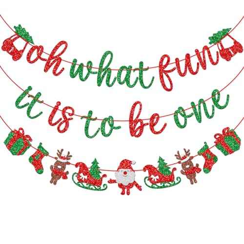 Qttier Oh What Fun It Is to Be One Banner, Pre-strung Christmas 1st Birthday Party Decorations, Red and Green Glitter