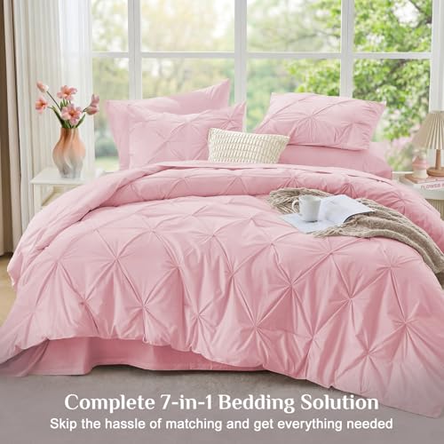 Queen Comforter Set 7 Pieces - Baby Pink Bed in a Bag with Pintuck Design