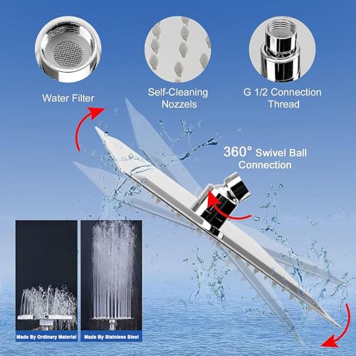 NearMoon Chrome Filtered Shower Head Kit - High Pressure 8" Square, 5 Settings Handheld with Hose & Self-Adhesive Holder
