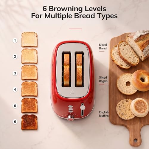 2 Slice Stainless Steel Toaster Retro with 6 Bread Shade Settings,