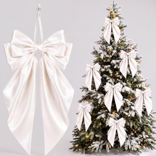 Norme White Satin Bow for Christmas Tree - Long Tail Holiday Decor (12 Pack)