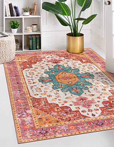 Ultra-Thin Washable Area Rug 5x7 Boho Vintage Medallion Floor Carpet Pink/Teal