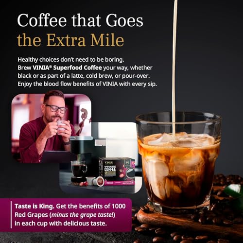 VINIA Blood Flow Medium Roast Coffee Pods 30 Count | Infused with Red Grape Extract, Keto Certified, Long-Lasting Energy