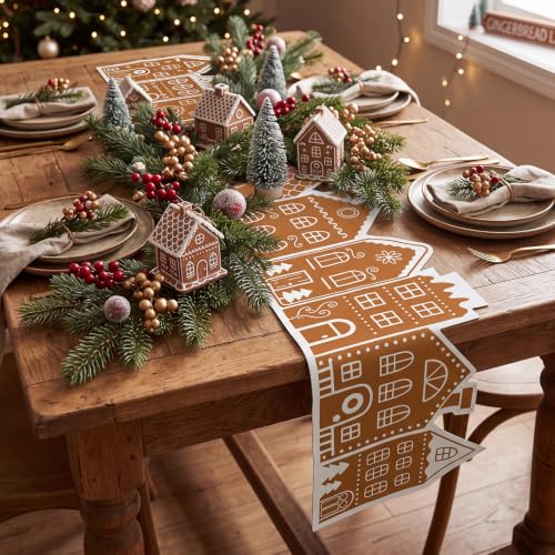 Gingerbread House Table Runner 13 x 72 in - Waterproof Cotton Linen Holiday Decor