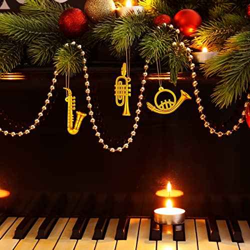 6 Pieces Musical Instruments Ornaments Christmas Decoration Gold Saxophone Horn Trumpet with Gold Ropes Brass for Christmas Tree Decor