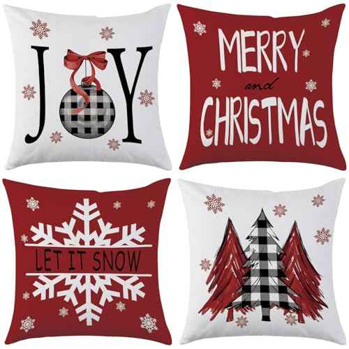 Merry Christmas Red Throw Pillow Covers 18 x 18 Inch Set of 4 Christmas Joy Xmas Trees Winter Holiday Cushion Case for Sofa Couch Home Decor