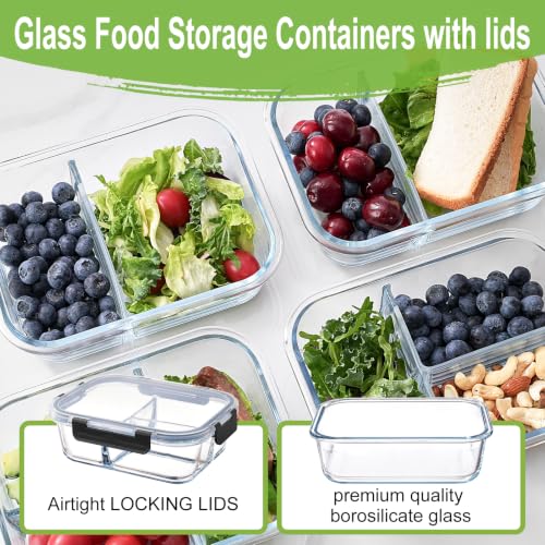 36oz Glass Meal Prep Containers with Dividers - 6 Pack, Leak-Proof, Microwave Safe