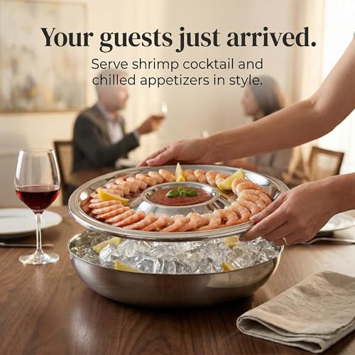 Large Stainless Steel Shrimp Cocktail Serving Dish with Ice - Seafood & Appetizer Platter