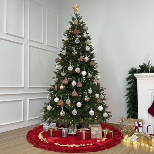60 Inch Red Velvet Christmas Tree Skirt with Gold Embroidery Trim - Sotiff
