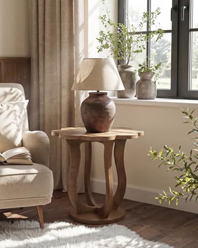 LITTLE TREE Rustic Brown Flower-Shaped Side Table - Modern Farmhouse Nightstand with Artistic S-Shaped Legs